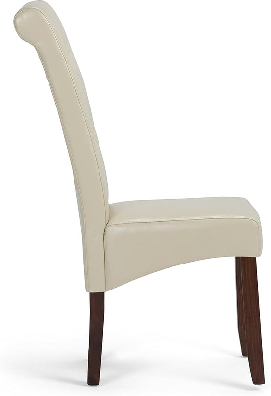 SIMPLIHOME Cosmopolitan Parson Dining Chair (Set of 2), Satin Cream Faux Leather and SOLID WOOD, Square, Upholstered, For the Dining Room, Contemporary Modern - LeafyLoom
