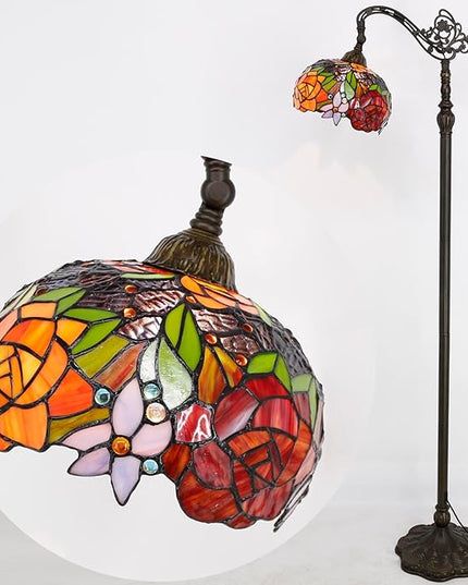WERFACTORY Tiffany Floor Lamp Red Rose Flower Stained Glass Arched Lamp 10X18X64 Inches Gooseneck Adjustable Corner Standing Reading Light Decor Bedroom Living Room S001 Series - LeafyLoom