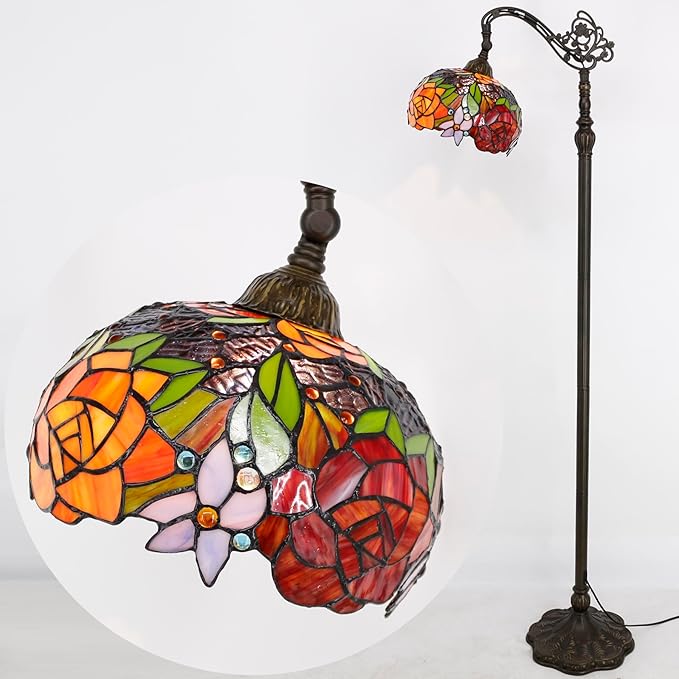 WERFACTORY Tiffany Floor Lamp Red Rose Flower Stained Glass Arched Lamp 10X18X64 Inches Gooseneck Adjustable Corner Standing Reading Light Decor Bedroom Living Room S001 Series - LeafyLoom