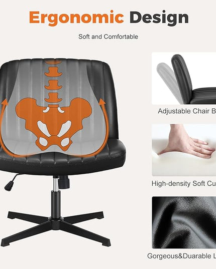 Sweetcrispy Cross Legged Office Chair, Criss Cross Chair Armless Wide Desk Chair No Wheels, Adjustable Swivel Home Office Vanity Chair - LeafyLoom