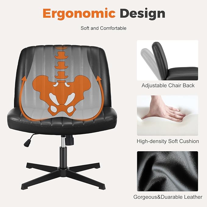 Sweetcrispy Cross Legged Office Chair, Criss Cross Chair Armless Wide Desk Chair No Wheels, Adjustable Swivel Home Office Vanity Chair - LeafyLoom
