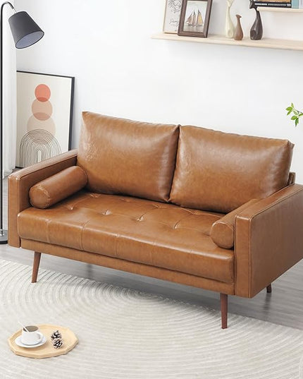 Vonanda 56" Loveseat Small Couch, Mid-Century 2 Seater Sofa Faux Leather Couch with Hand-Stitched Comfort Cushion and Bolster Pillows for Living Room, Loveseat Cognac Tan - LeafyLoom