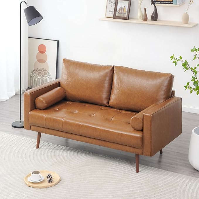 Vonanda 56" Loveseat Small Couch, Mid-Century 2 Seater Sofa Faux Leather Couch with Hand-Stitched Comfort Cushion and Bolster Pillows for Living Room, Loveseat Cognac Tan - LeafyLoom