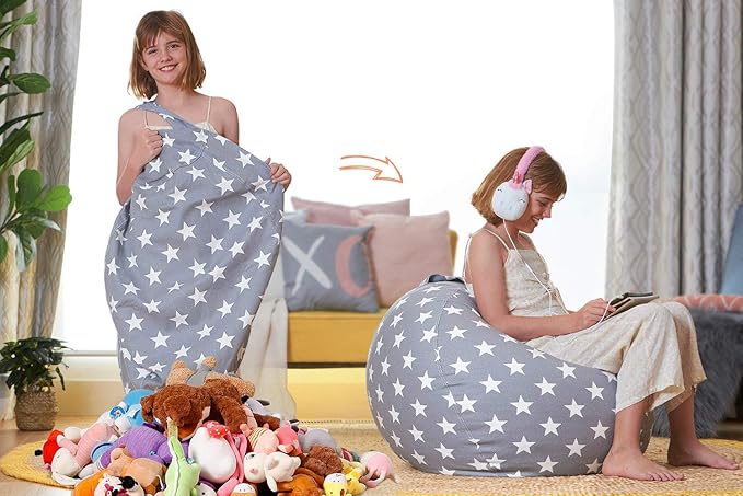 Aubliss Stuffed Animal Bean Bag Storage Chair, Beanbag Covers Only for Organizing Plush Toys, Turns into Bean Bag Seat for Kids When Filled, Large 38"-Canvas Stars Grey - LeafyLoom