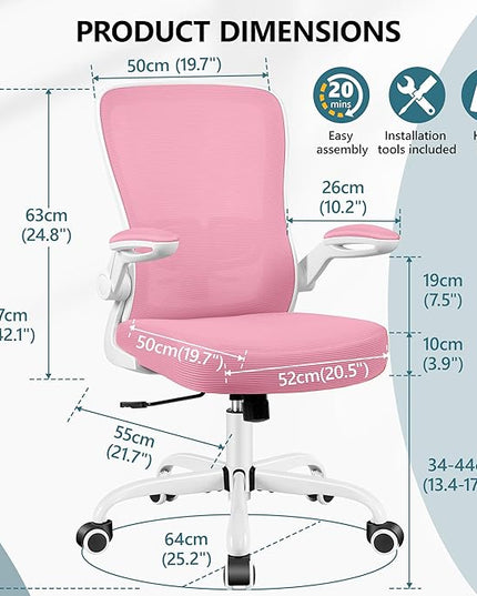 MINLOVE Office Chair Ergonomic Desk Chair with Adjustable Lumbar Support and Height, 90° Flip-up Armrests, Ergo Desk Chairs with Wheels, Home Work Use (Pink) - LeafyLoom