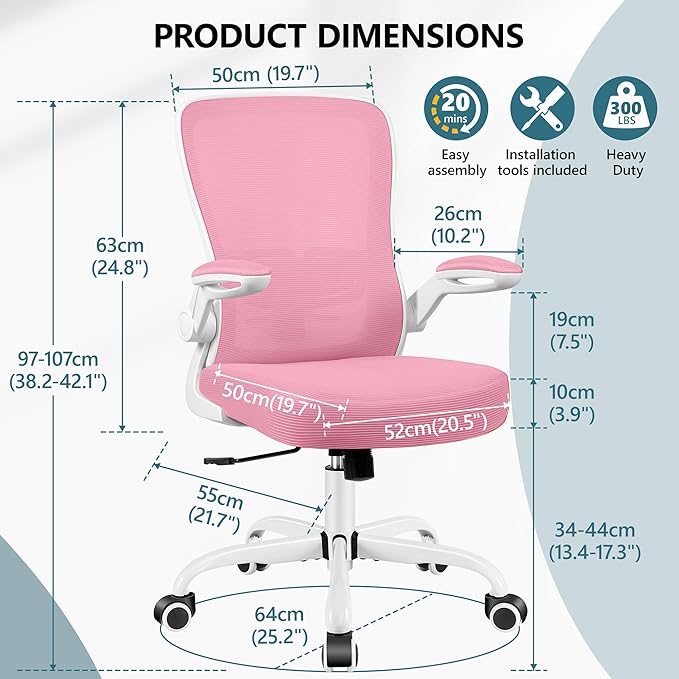 MINLOVE Office Chair Ergonomic Desk Chair with Adjustable Lumbar Support and Height, 90° Flip-up Armrests, Ergo Desk Chairs with Wheels, Home Work Use (Pink) - LeafyLoom