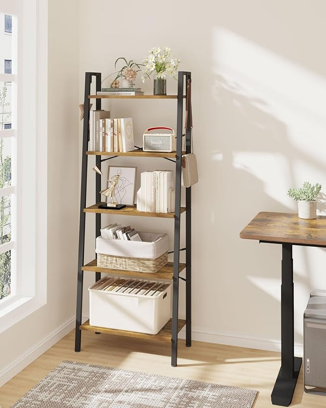 Ladder Shelf, Bookshelf Bookcase, Freestanding Corner Storage Shelve with 2 Hooks for Home Office, Living Room, Kitchen, Bedroom, Industrial, 5-Tier Rustic Brown BC19301B - LeafyLoom