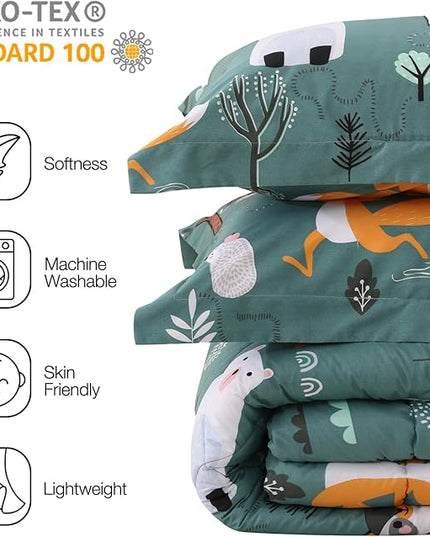 JSD Green Animal Forest Kids Comforter Set, 2 Pieces Twin Microfiber Comforter with Pillow Sham, Soft Comfortable Machine Washable - LeafyLoom