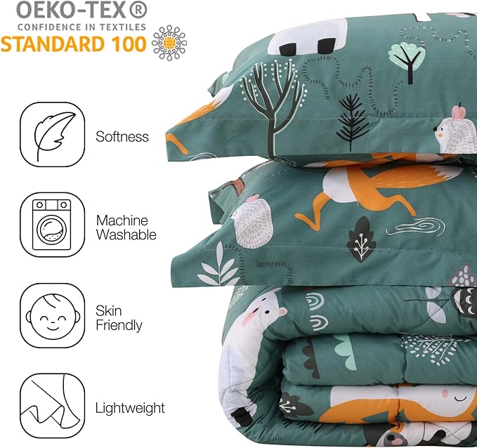 JSD Green Animal Forest Kids Comforter Set, 2 Pieces Twin Microfiber Comforter with Pillow Sham, Soft Comfortable Machine Washable - LeafyLoom