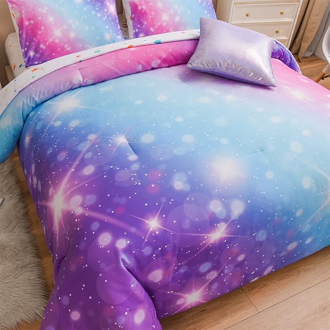 A Nice Night 6Pcs Gradient Glitter Bedding Set for Girls Twin Size, Colorful Rainbow Galaxy Comforter Set, Ultra Soft Bedding Sets, Purple - LeafyLoom
