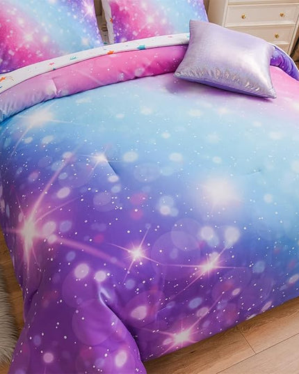 A Nice Night 6Pcs Gradient Glitter Bedding Set for Girls, Colorful Rainbow Galaxy Comforter Set, Ultra Soft Bedding Sets (Purple,Queen 6Pcs) - LeafyLoom