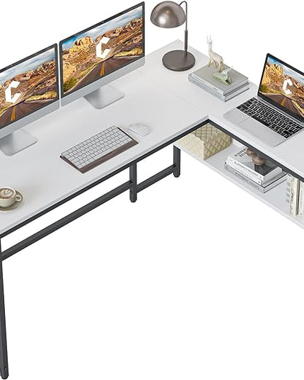 CubiCubi L Shaped Desk, 55.1 inch Corner Computer Desk with Storage Shelves, Home Office Desk with Bookshelf for Writing Gaming Study, White - LeafyLoom