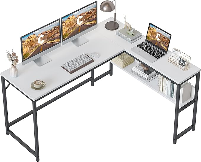 CubiCubi L Shaped Desk, 55.1 inch Corner Computer Desk with Storage Shelves, Home Office Desk with Bookshelf for Writing Gaming Study, White - LeafyLoom