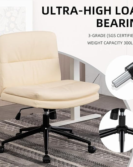 Armless Office Chair with Wheels Wide Desk Chair Leather Mid Back Accent Chair Padded Swivel Vanity Chair for Girl Women Computer Task Chair for Home Office (Leather, Beige) - LeafyLoom