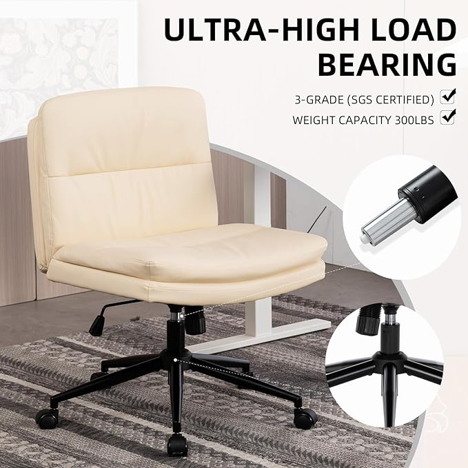 Armless Office Chair with Wheels Wide Desk Chair Leather Mid Back Accent Chair Padded Swivel Vanity Chair for Girl Women Computer Task Chair for Home Office (Leather, Beige) - LeafyLoom