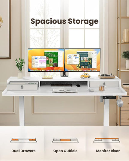 ErGear Electric Standing Desk with Drawers, 40″ x 24″ Gaming Desk with Monitor Stand, C-Clamp Mount Compatible, Home Office Height-Adjustable Desk with Storage Shelf, 4 Preset Heights, White, EGESD35W - LeafyLoom