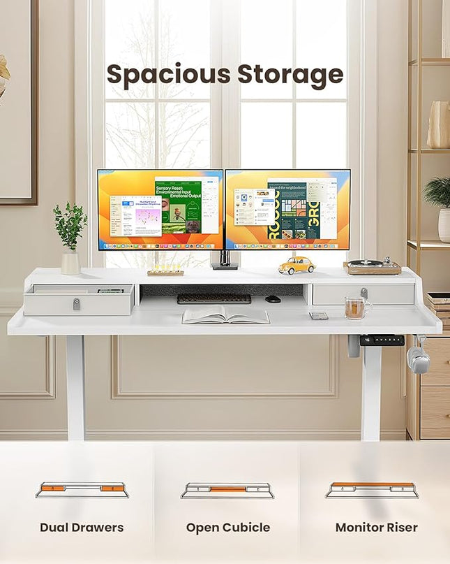 ErGear Electric Standing Desk with Drawers, 55″ x 28″ Gaming Desk with Monitor Stand, C-Clamp Mount Compatible, Home Office Height-Adjustable Desk with Storage Shelf, 4 Preset Heights, White, EGESD37W - LeafyLoom