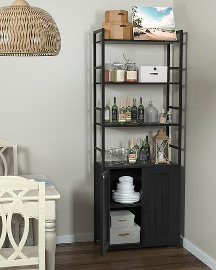 BLack Bookshelf with Doors,70" Tall Bookcase with Storage Cabinet,6 Tier Book Shelf for Living Room/Bedroom/Office/Kitchen,70"(H)*26"(L)*11.8"(W) - LeafyLoom