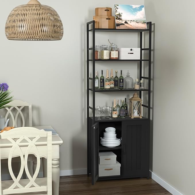 BLack Bookshelf with Doors,70" Tall Bookcase with Storage Cabinet,6 Tier Book Shelf for Living Room/Bedroom/Office/Kitchen,70"(H)*26"(L)*11.8"(W) - LeafyLoom