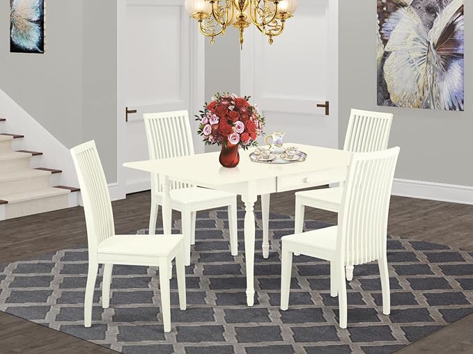 East West Furniture Monza 5 Piece Dinette Set for 4 Includes a Rectangle Room Table with Dropleaf and 4 Kitchen Dining Chairs, 36x54 Inch, Linen White - LeafyLoom