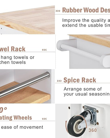 Kitchen Island with Storage, Two-Sided Rolling Extended Table on Wheels w/Wood Top, Wine and Spice Rack, 2 Drawers, 3 Open Compartments for Dinning Room - LeafyLoom