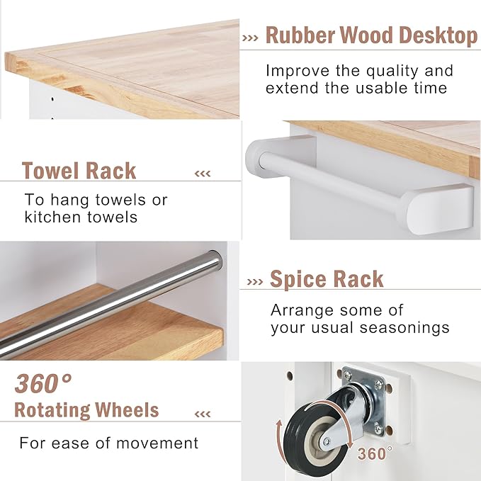 Kitchen Island with Storage, Two-Sided Rolling Extended Table on Wheels w/Wood Top, Wine and Spice Rack, 2 Drawers, 3 Open Compartments for Dinning Room - LeafyLoom