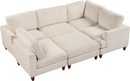 Oversized Modular Sectional Ottomans,6 Seater Corduroy Upholstery L Shaped Reversible Corner, 98" Symmetrical Convertible Sleeper Sofa & Couch Free Combination, Beige Comfy - LeafyLoom
