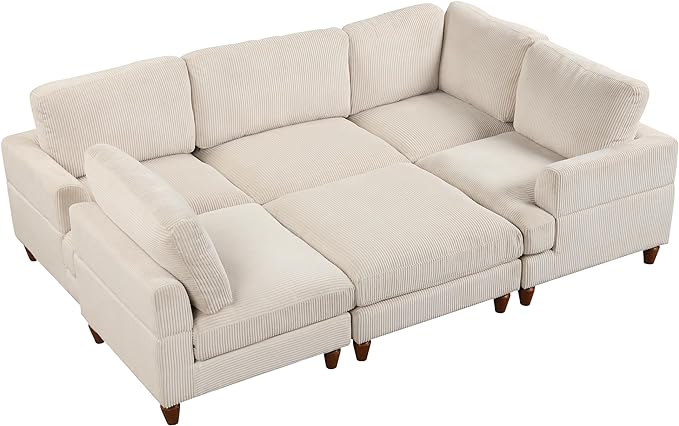 Oversized Modular Sectional Ottomans,6 Seater Corduroy Upholstery L Shaped Reversible Corner, 98" Symmetrical Convertible Sleeper Sofa & Couch Free Combination, Beige Comfy - LeafyLoom