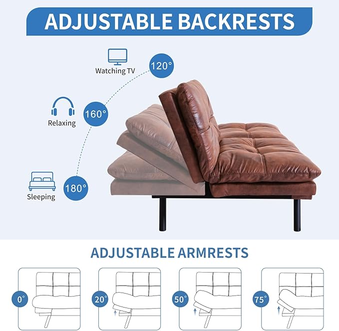 MUUEGM Faux Leather Futon Sofa Bed, Convertible Memory Foam Couch Bed, Modern Love Seat for Living Room,Compact Space,Apartment,Office,Adjustable Backrests Armrests Couch Sleeper,71" Brown - LeafyLoom
