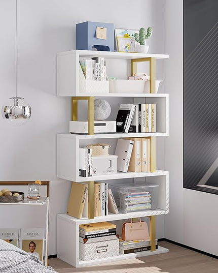 Bookshelf geometric bookcase S Shaped industrial bookshelf Storage Display Stand Shelf for Living Room Bedroom and office Room (White, 5 Tier) - LeafyLoom