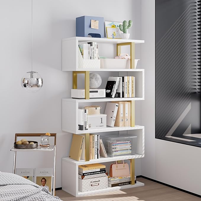 Bookshelf geometric bookcase S Shaped industrial bookshelf Storage Display Stand Shelf for Living Room Bedroom and office Room (White, 5 Tier) - LeafyLoom
