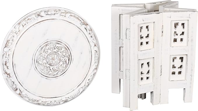 Altar Table,Round Side Table,Small Table, Round End Table,Side Table, Side Tables Living Room,End Table,Carved Side Table,Wood Accent Table,Carved Wood Table 12" Round Top x 12" High White Antique - LeafyLoom