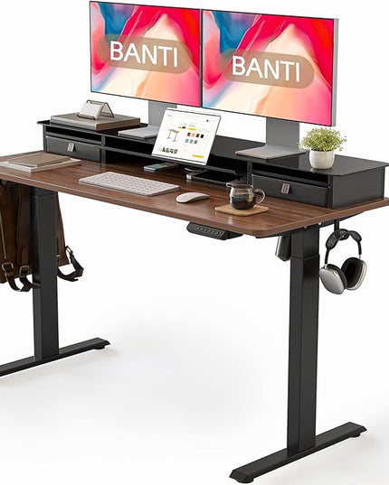BANTI 55"x 26" Electric Standing Desk with Glass Top Monitor Stand, Adjustable Sit Stand Up Table with Double Drawer, Sit Stand Desk with Storage Shelf, Black Walnut Top - LeafyLoom
