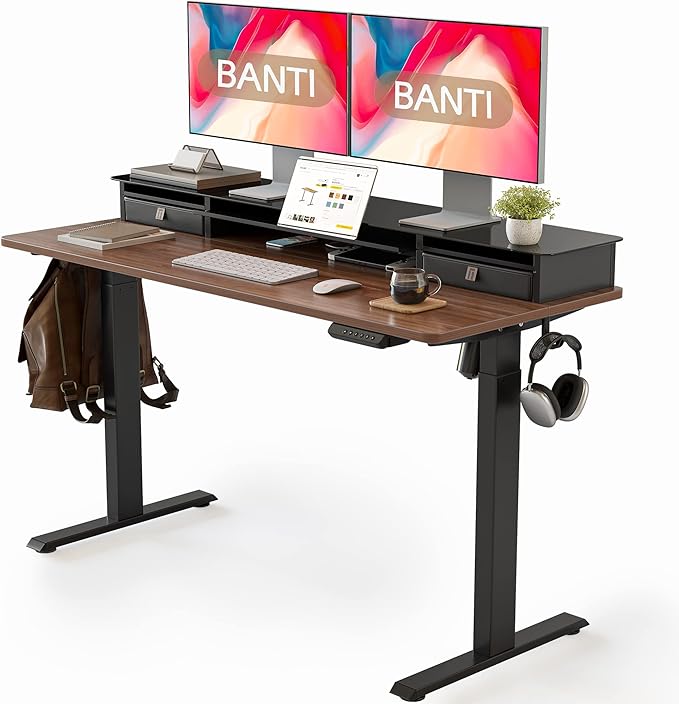 BANTI 55"x 26" Electric Standing Desk with Glass Top Monitor Stand, Adjustable Sit Stand Up Table with Double Drawer, Sit Stand Desk with Storage Shelf, Black Walnut Top - LeafyLoom