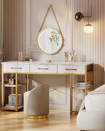 ODK Vanity Desk with Fabric Drawers & Storage Shelves, Makeup Dressing Table, Home Office Desks for Bedroom, Modern Writing Desk,White Marble and Gold Leg, 48"x16" (No Mirror) - LeafyLoom