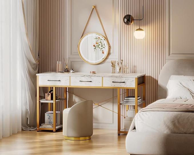 ODK Vanity Desk with Fabric Drawers & Storage Shelves, Makeup Dressing Table, Home Office Desks for Bedroom, Modern Writing Desk,White Marble and Gold Leg, 48"x16" (No Mirror) - LeafyLoom