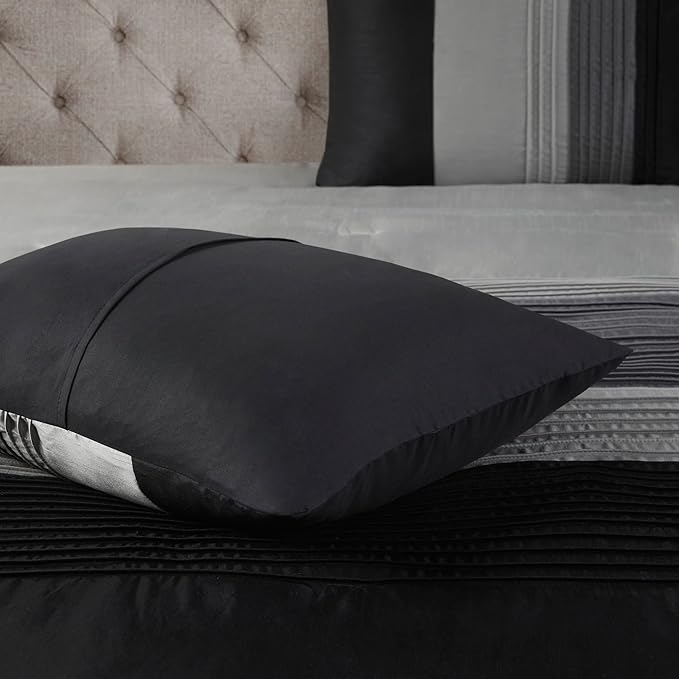 Madison Park Amherst Faux Silk Comforter Set-Casual Contemporary Design All Season Down Alternative Bedding, Matching Shams, Bedskirt, Decorative Pillows, King(104"x92"), Black, 7 Piece (MP10-226) - LeafyLoom