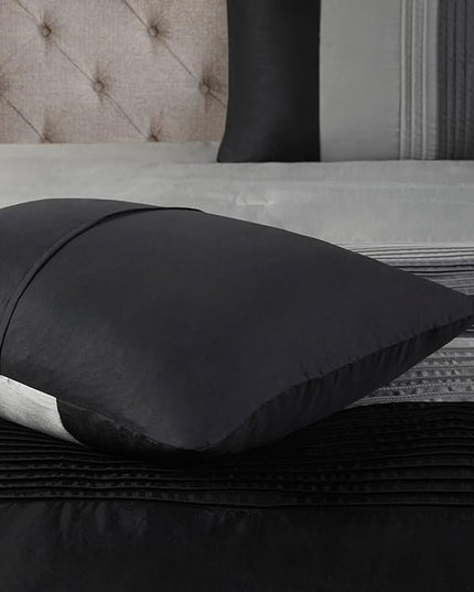 Madison Park Amherst Faux Silk Comforter Set-Casual Contemporary Design All Season Down Alternative Bedding, Matching Shams, Bedskirt, Decorative Pillows, Queen(90"x90"), Black, 7 Piece (MP10-225) - LeafyLoom