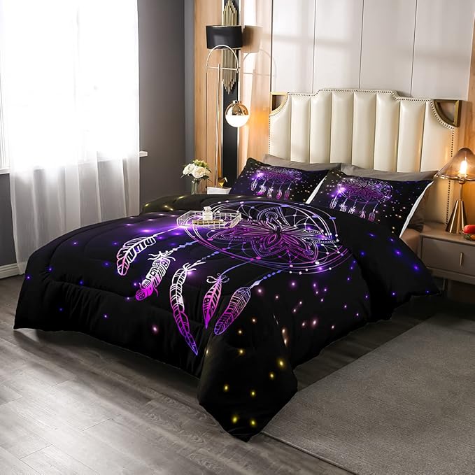 Erosebridal Dream Catcher Feather Comforter Set, Bohemian Mandala Down Comforter King Size for Kids Girls Boys, Starry Sky Galaxy Bedding Set Boho Tie Dye Exotic Flower Quilted Duvet, Purple - LeafyLoom