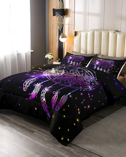 Erosebridal Dream Catcher Feather Comforter Set, Bohemian Mandala Down Comforter Full Size for Kids Girls Boys, Starry Sky Galaxy Bedding Set Boho Tie Dye Exotic Flower Quilted Duvet, Purple - LeafyLoom