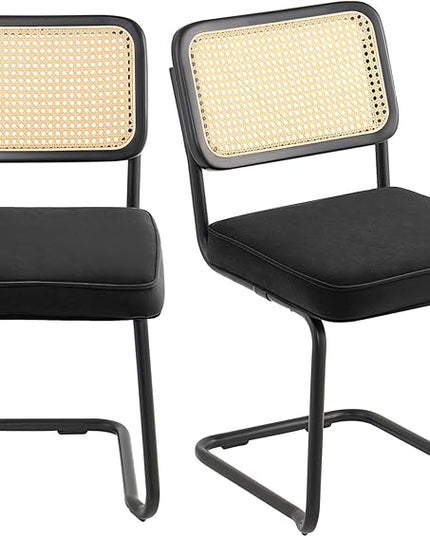 VEVOR Rattan Dining Chairs Set of 2, Mid Century Modern Dining Chair, Upholstered Velvet Accent Chair with Rattan Back, Retro Dining Room Kitchen Chair for Living Room, Bedroom, Office (18.1 Inch) - LeafyLoom