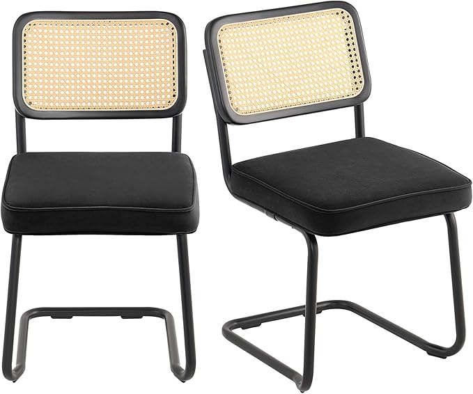 VEVOR Rattan Dining Chairs Set of 2, Mid Century Modern Dining Chair, Upholstered Velvet Accent Chair with Rattan Back, Retro Dining Room Kitchen Chair for Living Room, Bedroom, Office (18.1 Inch) - LeafyLoom