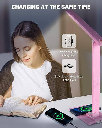 LED Desk Lamp Wireless Charger: Pink Office Table Lamps with USB Port, Reading Lamp for Home with Clock Alarm Temperature | Desk Light with Night Light, Eye-caring Smart Lamp for Dorm College - LeafyLoom