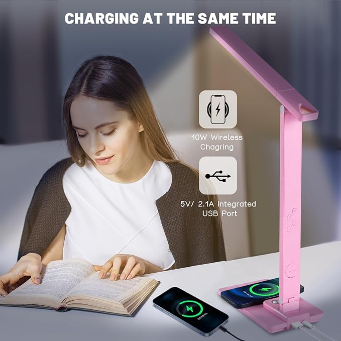 LED Desk Lamp Wireless Charger: Pink Office Table Lamps with USB Port, Reading Lamp for Home with Clock Alarm Temperature | Desk Light with Night Light, Eye-caring Smart Lamp for Dorm College - LeafyLoom