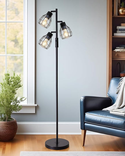 Oneach 64.25" Modern Floor Lamp for Living Room Black Floor Lamp for Bedroom Stand up Lamp for Office Industrial Tall Lamps with Rotary Switch with 3 Metal Lamp Head Adjustable（Bulbs Included） - LeafyLoom