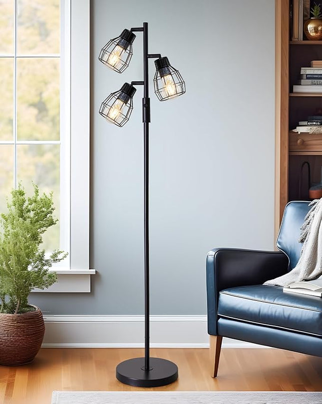 Oneach 64.25" Modern Floor Lamp for Living Room Black Floor Lamp for Bedroom Stand up Lamp for Office Industrial Tall Lamps with Rotary Switch with 3 Metal Lamp Head Adjustable（Bulbs Included） - LeafyLoom