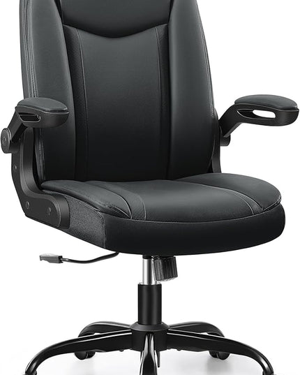 Office Chair Ergonomic Computer Desk Chair, Executive Leather Office Chair with Adjustable Flip-up Armrests Height, Swivel Task Chair with Lumbar Support Rocking Function for Home Office(Black) - LeafyLoom