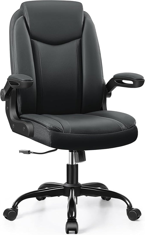 Office Chair Ergonomic Computer Desk Chair, Executive Leather Office Chair with Adjustable Flip-up Armrests Height, Swivel Task Chair with Lumbar Support Rocking Function for Home Office(Black) - LeafyLoom