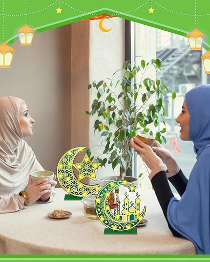 2 Pcs Ramadan Eid Mubarak Crafts Night Light 3D Wooden Moon Star Lights Ramadan Decorations LED Eid Mubarak Lamp Decor Ramadan Table Sign for Tabletop Home Party Supplies(Green and Gold) - LeafyLoom