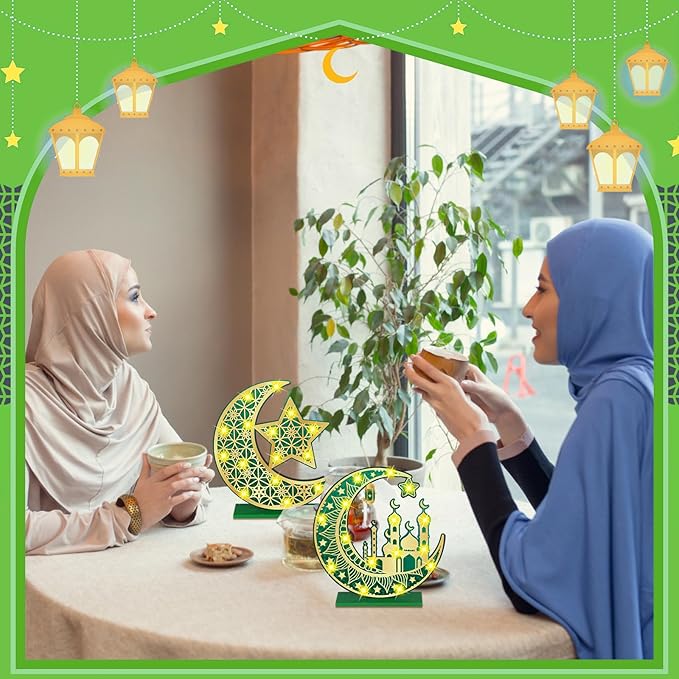 2 Pcs Ramadan Eid Mubarak Crafts Night Light 3D Wooden Moon Star Lights Ramadan Decorations LED Eid Mubarak Lamp Decor Ramadan Table Sign for Tabletop Home Party Supplies(Green and Gold) - LeafyLoom